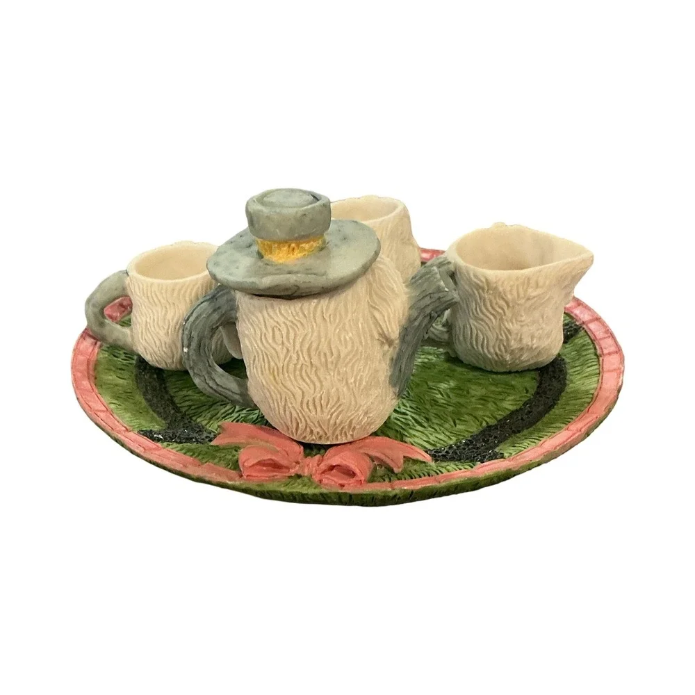 Miniature Cat Face Tea Set Resin Teapot Cups Creamer Tray Cottagecore Decor